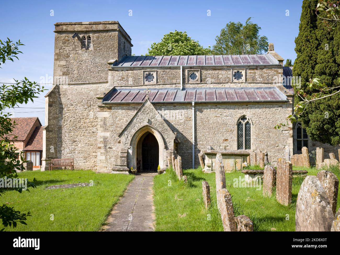 Exterior of old church with graveyard, St John the Baptist Church in Preston Bissett, Buckinghamshire, UK Stock Photo