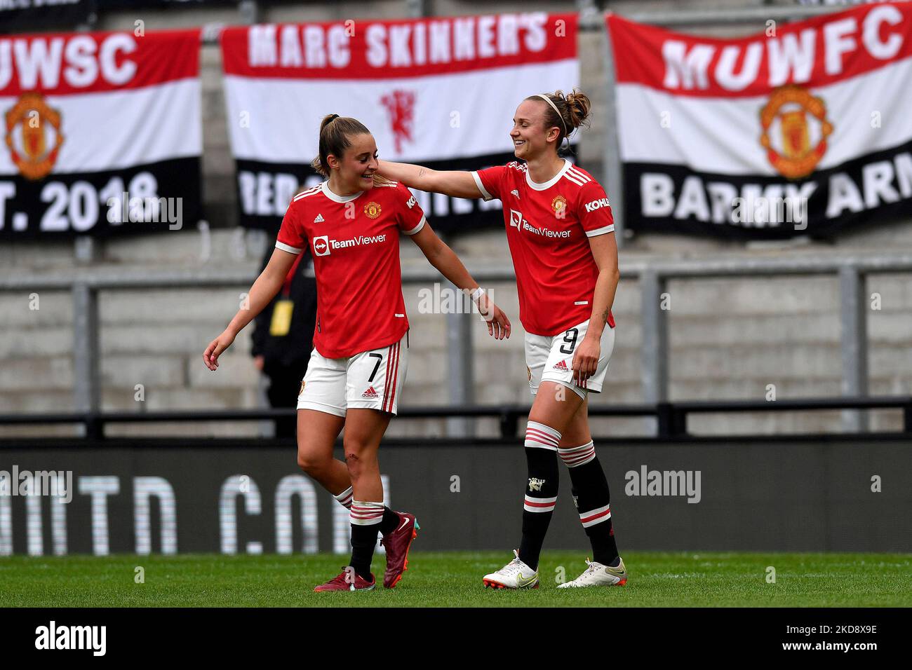 Martha Thomas of Manchester United Women Football Club celebrates scoring her side's first goal of the game during the Barclays FA Women's Super League match between Manchester United and West Ham United at Leigh Sports Stadium, Leigh on Monday 2nd May 2022. (Photo by Eddie Garvey/MI News/NurPhoto) Stock Photo