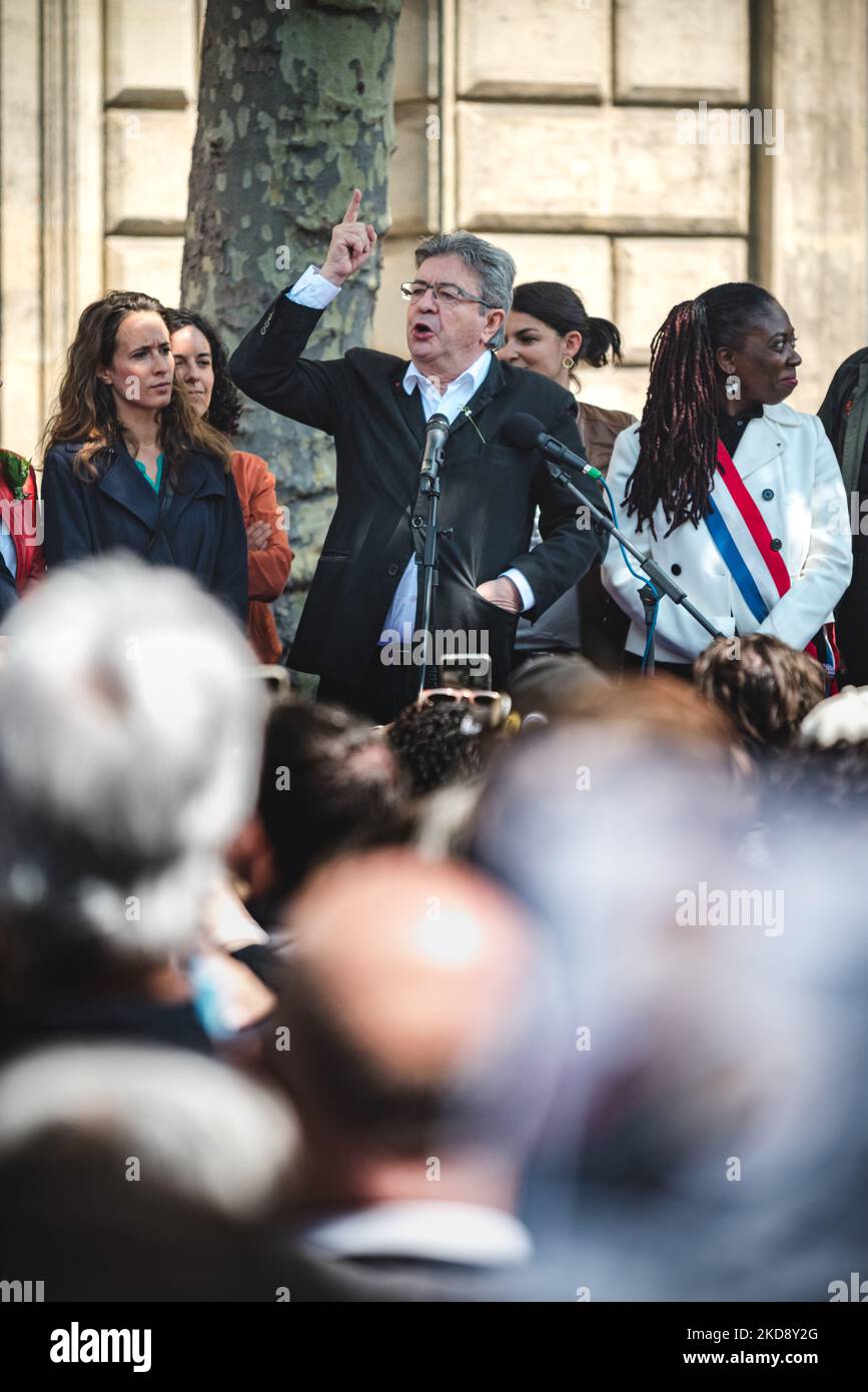 French leftist party La France Insoumise (LFI) and Popular Union deputy Jean-Luc Mélenchon, a former presidential candidate who finished third in the first round, delivers a speech at the preamble to the traditional May Day demonstration in Paris (Labor Day) marking International Workers Day, starting from Place de la République in Paris, May 1, 2022. (Photo by Samuel Boivin/NurPhoto) Stock Photo