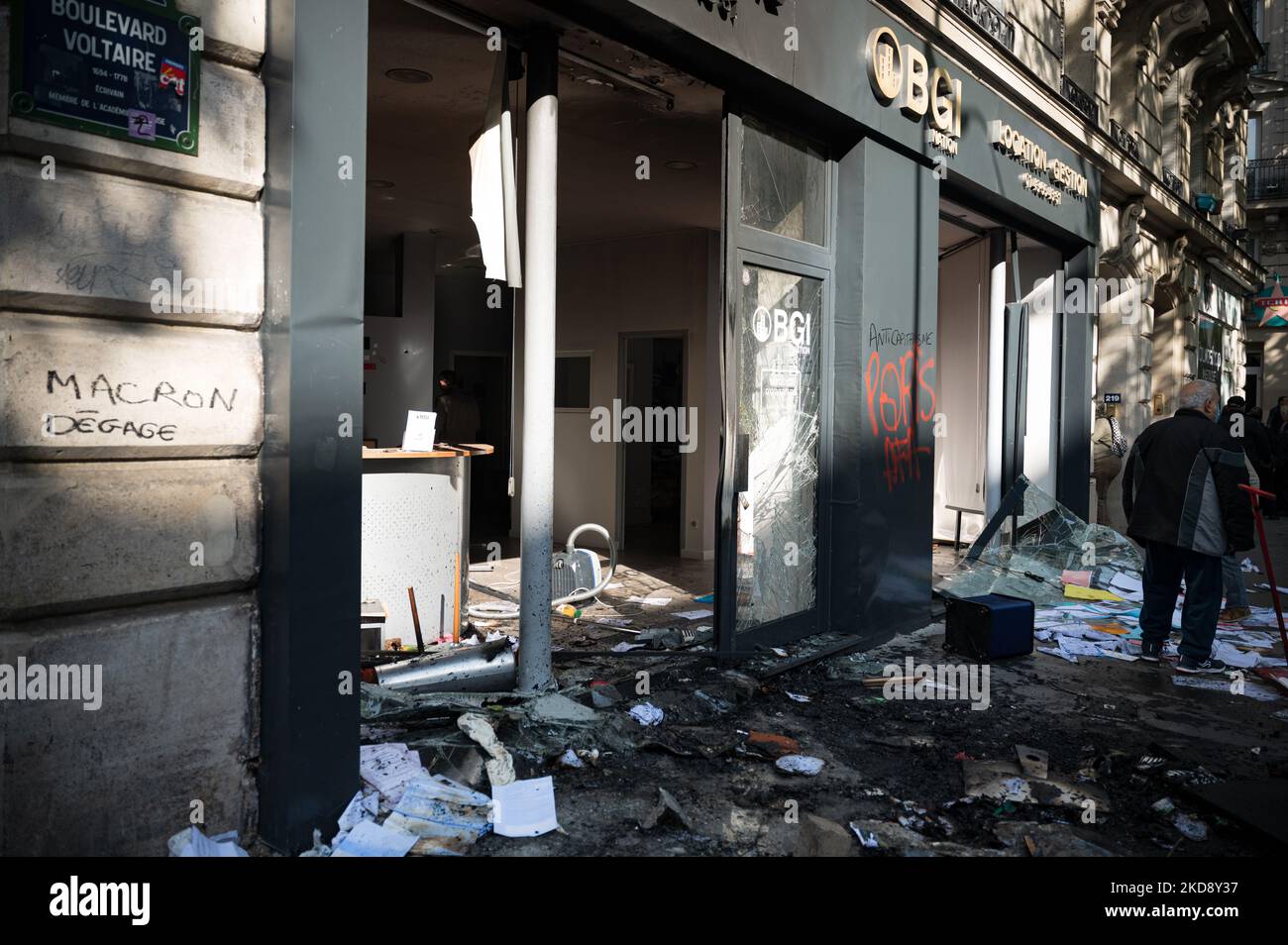 The windows of many businesses of banks, insurance companies and real estate agencies were destroyed by black blocks during the traditional May Day demonstration in Paris (Labor Day) marking the International Workers Day, starting from the Place de la République in Paris, May 1, 2022. (Photo by Samuel Boivin/NurPhoto) Stock Photo