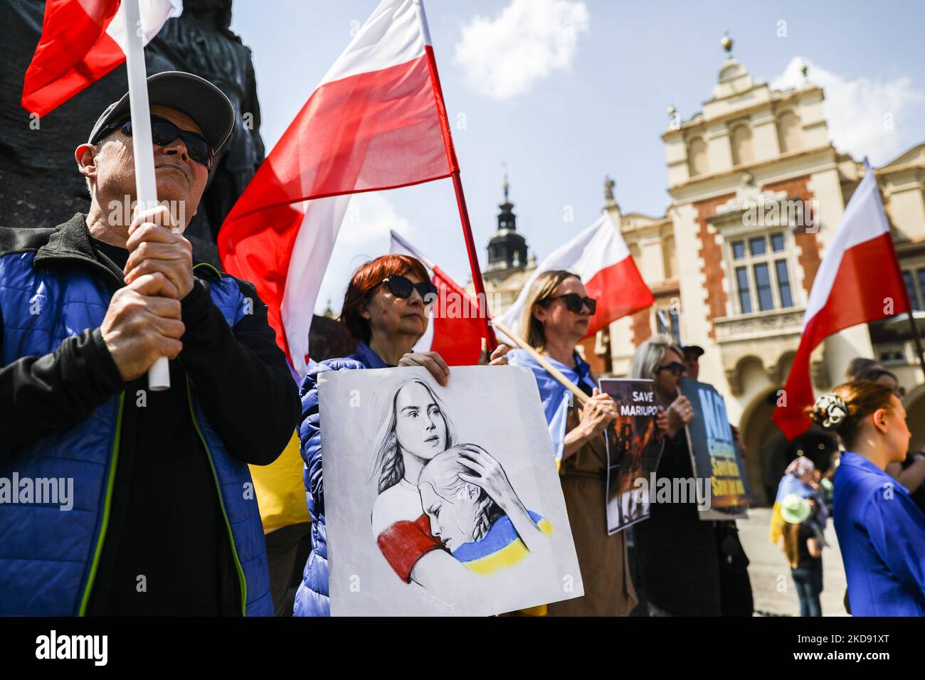 Ukrainian citizens and supporters attend a demonstration of solidarity with Ukraine at the Main Square, demanding NATO to close the sky for Russian planes over the territory of Ukraine following Russian invasion. Krakow, Poland on May 2nd, 2022. (Photo by Beata Zawrzel/NurPhoto) Stock Photo