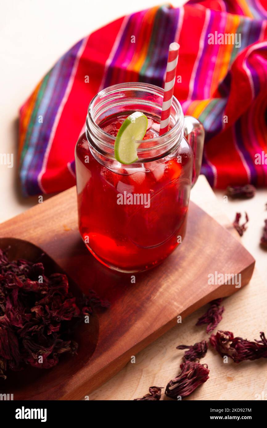 Agua de jamaica. Ibiscus tea made as an infusion from roselle flower