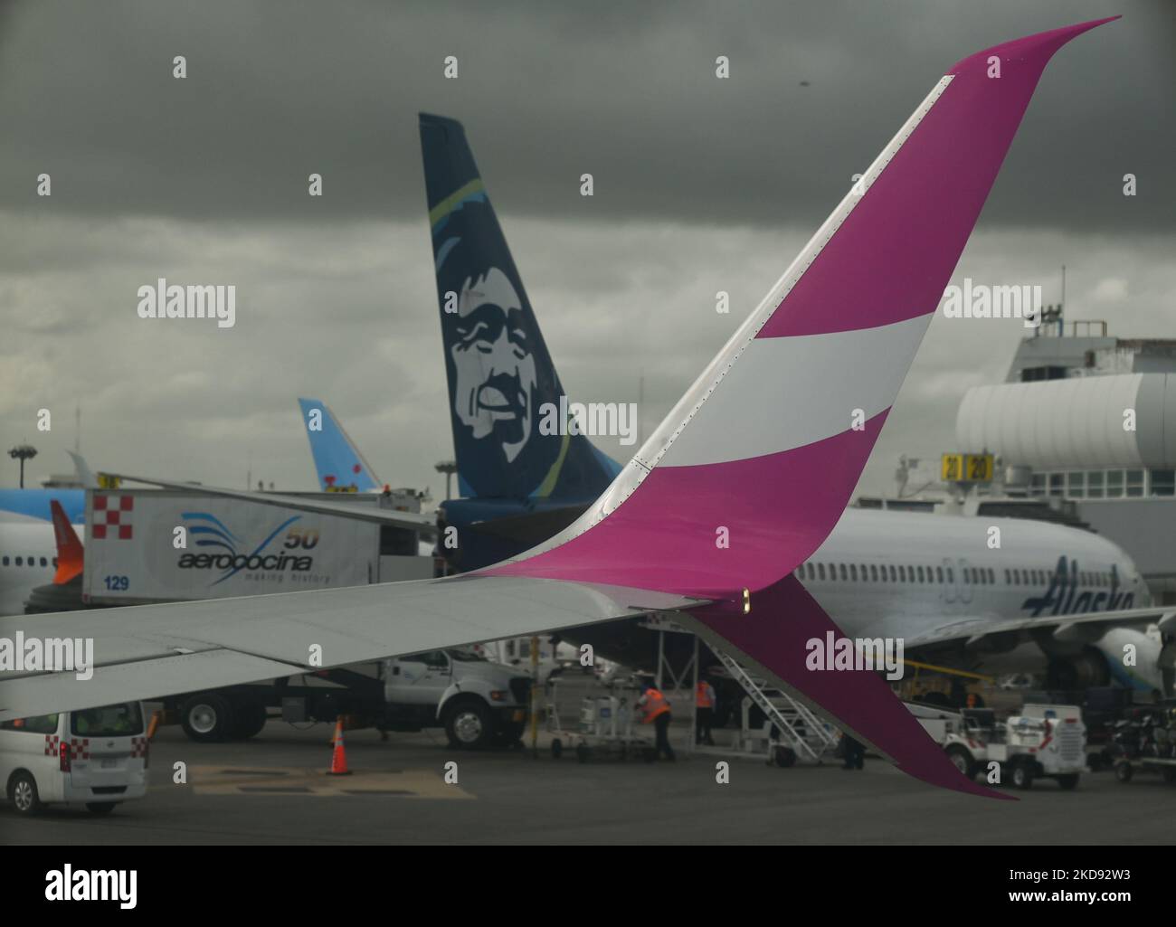 Logos of Swoop and Alaska Airlines, seen at Cancun International Airport. On Monday, 30 April 2022, in Cancun International Airport, Cancun, Quintana Roo, Mexico. (Photo by Artur Widak/NurPhoto) Stock Photo