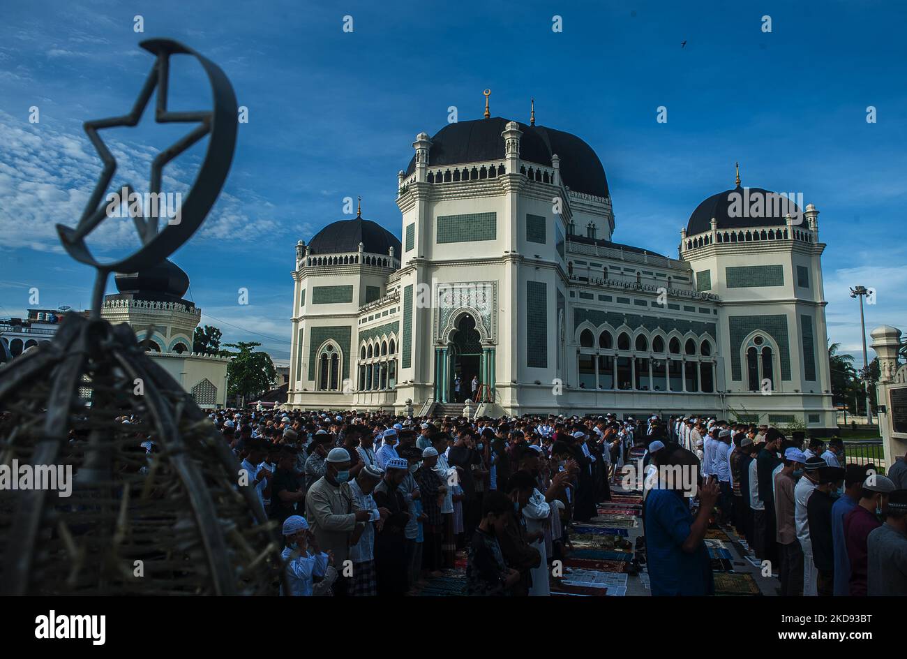 Believers seen prays to celebrate the Eid mubarak 1443 Hijri in Al-Mahsun Grand Mosque, Medan, Indonesia on May 02, 2022. (Photo by Sutanta Aditya/NurPhoto) Stock Photo