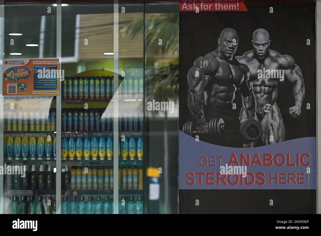 Advertising for anabolic and steroids products in the window of a local pharmacy in Playa del Carmen. On Friday, 29 April 2022, in Playa Del Carmen, Quintana Roo, Mexico. (Photo by Artur Widak/NurPhoto) Stock Photo