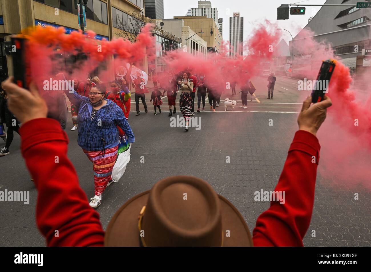Participants during the annual Red Dress Day march in downtown Edmonton
