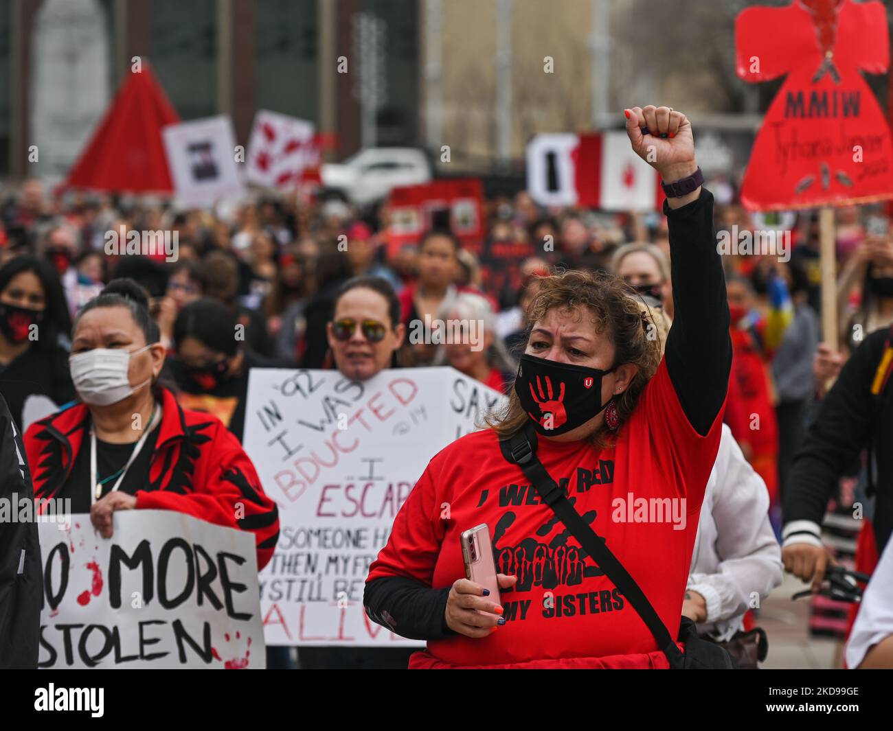 Participants during the annual Red Dress Day march in downtown Edmonton