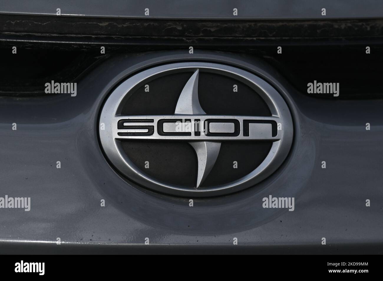 SCION logo seen on a Scion car parked in downtown Edmonton. On Thursday, May 5, 2022, in Edmonton, Alberta, Canada. (Photo by Artur Widak/NurPhoto) Stock Photo