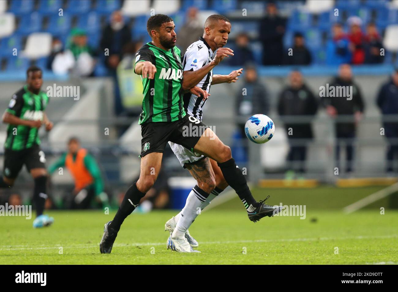 Gregoire Defrel of US SASSUOLO competes for the ball with Rodrigo Becao of  UDINESE CALCIO during the Serie A match between US Sassuolo and Udinese  Calcio at Mapei Stadium-Citta del Tricolore on