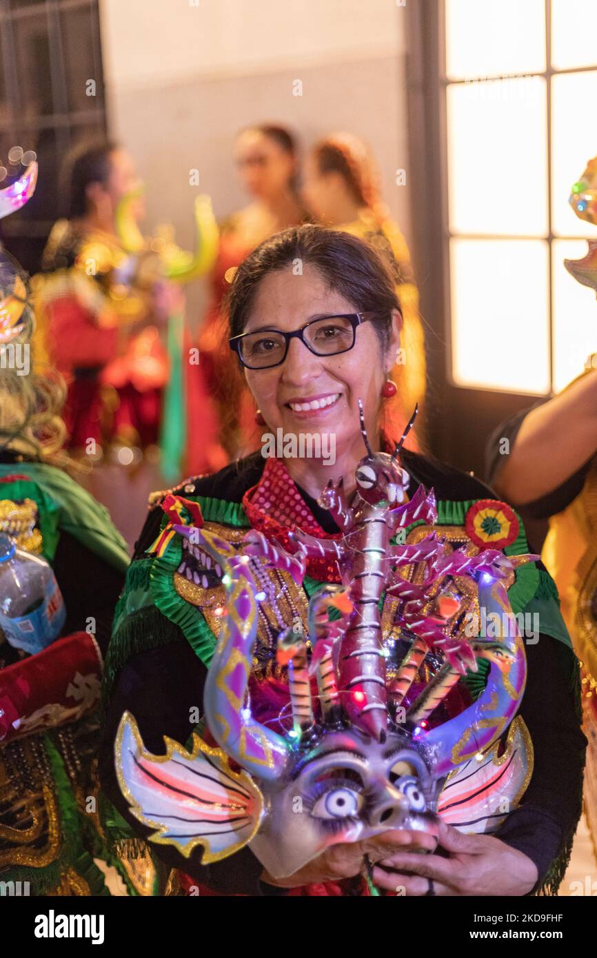 mexican citizens celebrating hispanic day in madrid spain with their typical costumes Stock