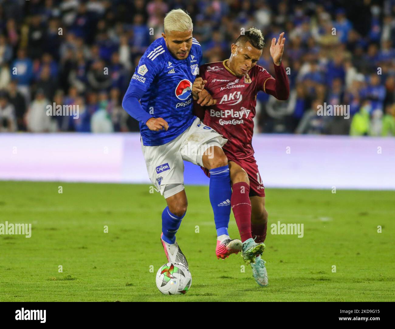 Larry Vasquez of Millonarios and Juan Rios of Tolima fight for the ball during the Millonarios vs Tolima BetPlay DIMAYOR League match at Estadio Nemesio Camacho El Campin stadium in Bogota, Colombia on May 8, 2022, match that would end 0 - 0. (Photo by Daniel Garzon Herazo/NurPhoto) Stock Photo