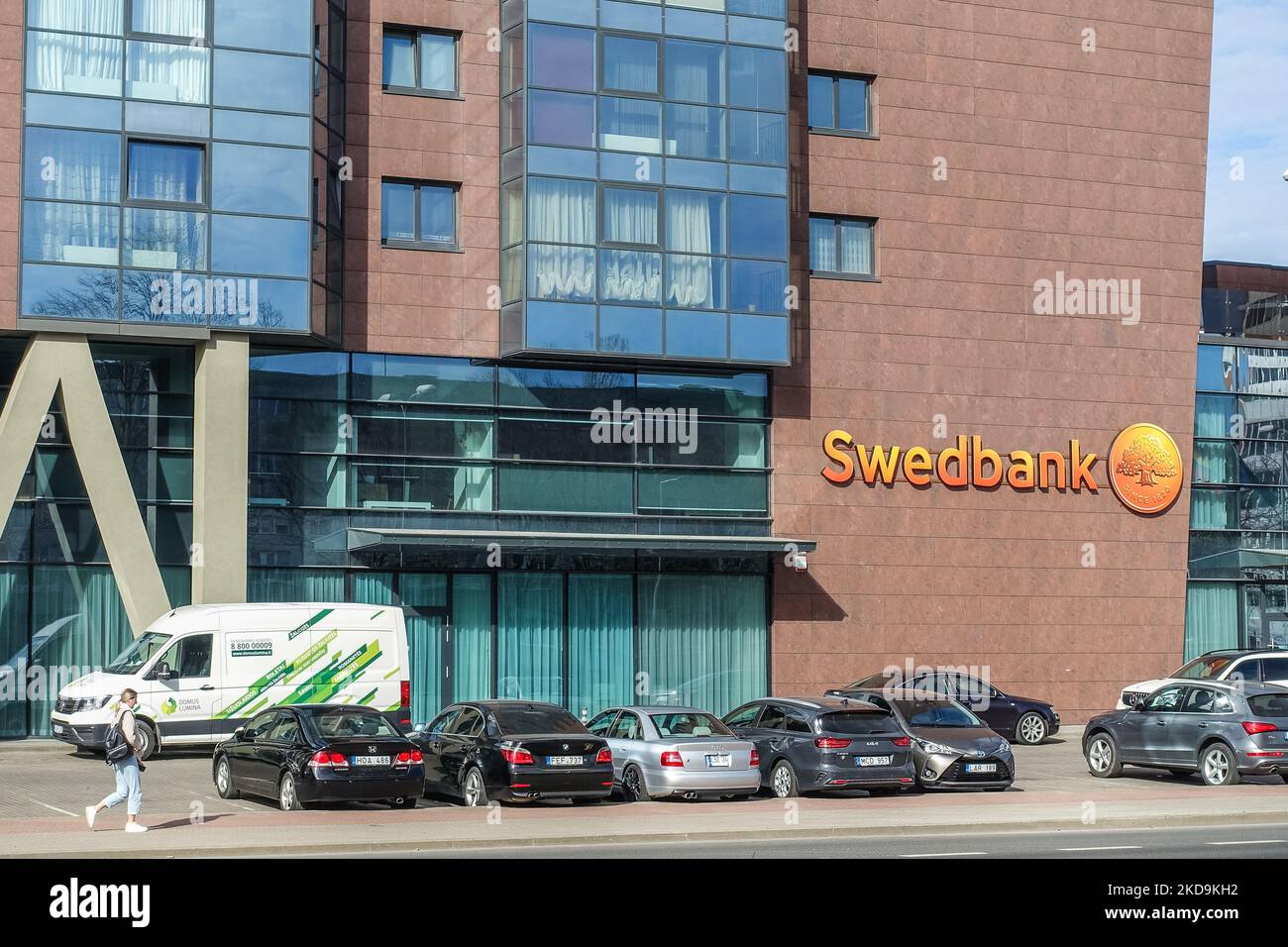 Swedbank logo on the bank building is seen in Klaipeda, Lithuania on 30 April 2022 (Photo by Michal Fludra/NurPhoto) Stock Photo