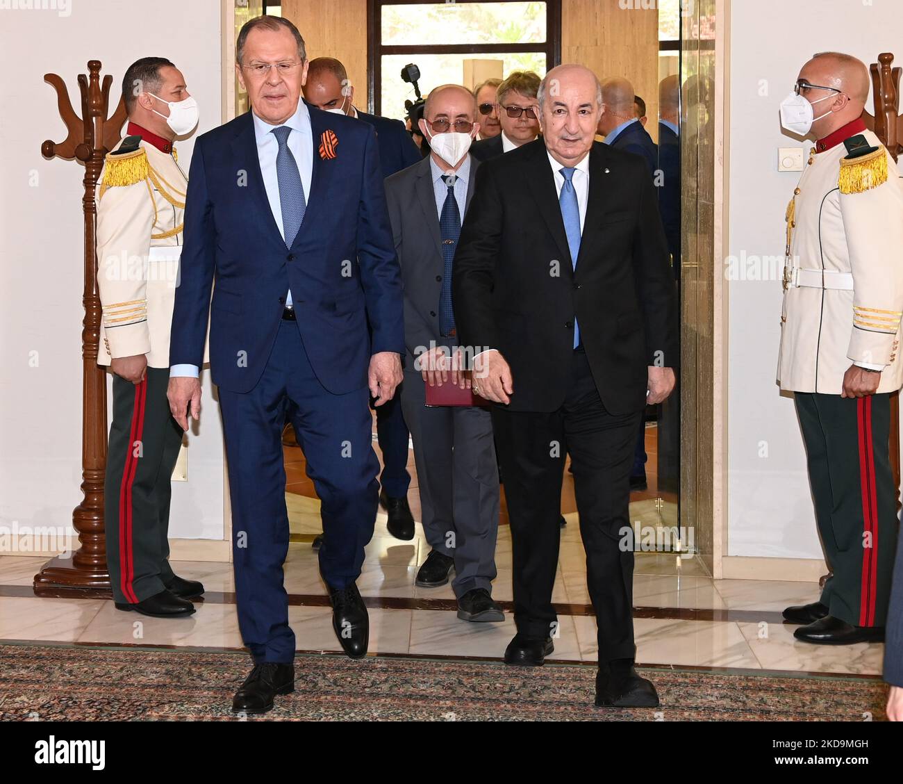 A photo of the publication published by the press service of the Algerian presidency shows that Algerian President Abdelmadjid Tebboune (right) meets Russian Foreign Minister Sergey Lavrov (left) at El Mouradia Palace in Algiers, Algeria on May 10, 2022. Russian Foreign Minister Sergei Lavrov is on an official visit to Algeria (Photo by APP/NurPhoto) Stock Photo
