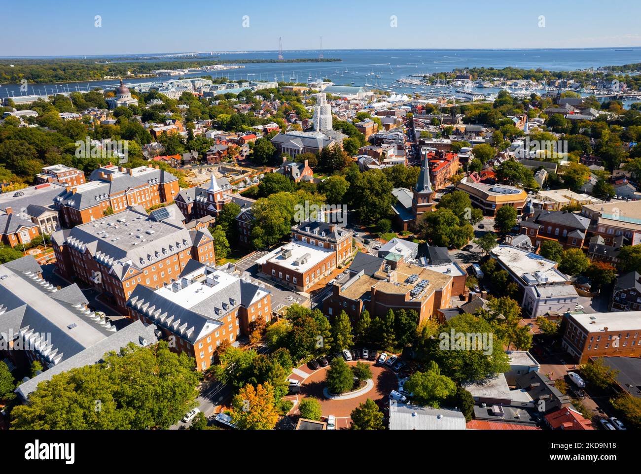 An aerial view of the Maryland State Capitol and harbor in Annapolis, Maryland, United States Stock Photo