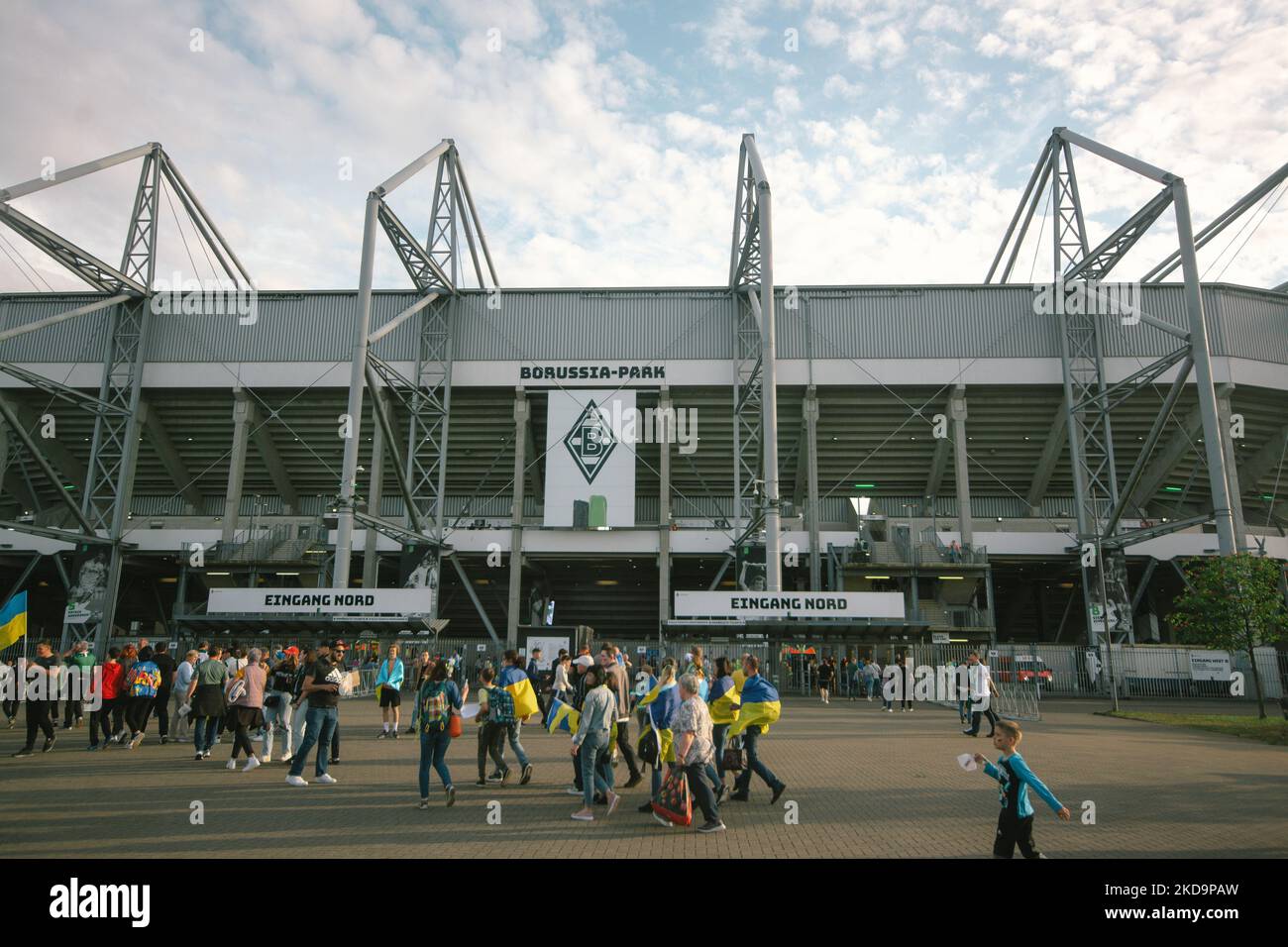 Ukrain footballs fans are seen entering the stadium of Borussia Park in Moenchengladbach, Germany on May 11, 2022 before the charity match between the Ukraine national team and Borussia Moenchengladbach team. (Photo by Ying Tang/NurPhoto) Stock Photo