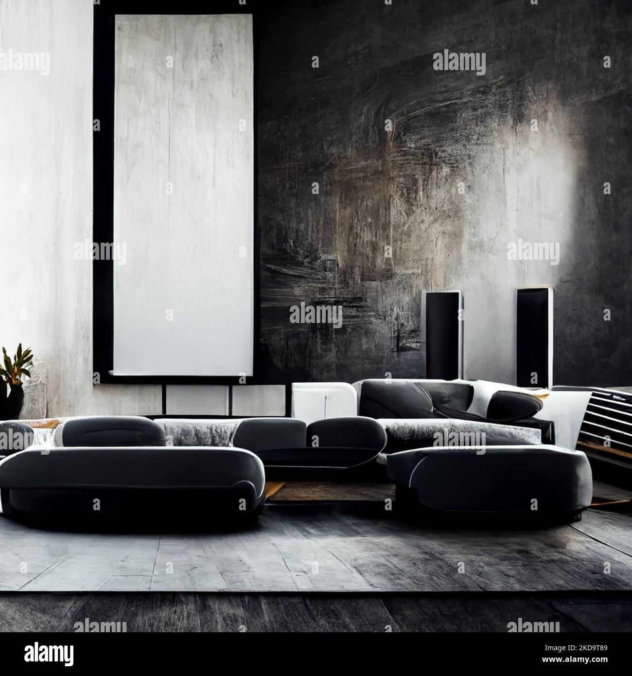 A hyper realistic illustration of a modern black and white living room