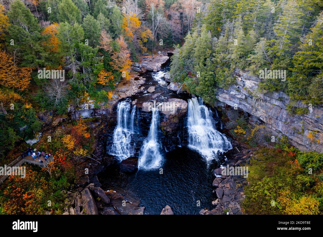 An aerial view of Blackwater Falls in a forest, Davis, West Virginia