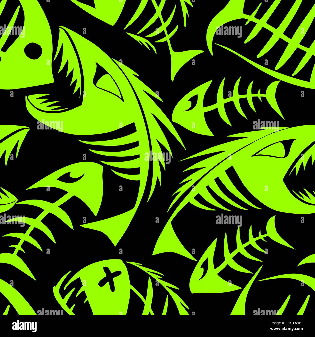 bright seamless pattern of green graphic fish skeletons on a black