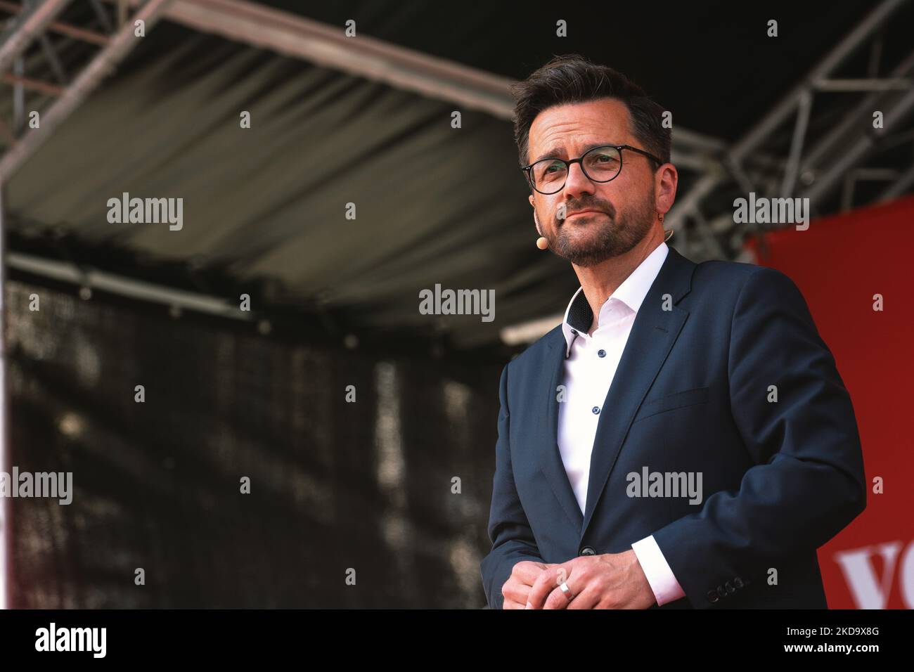 Thomas Kutschaty, the top candidate for SPD party speaks on the stage at Roncalliplatz in Cologne, Germany on May 13 during the SPD party state election campaign 2022 (Photo by Ying Tang/NurPhoto) Stock Photo