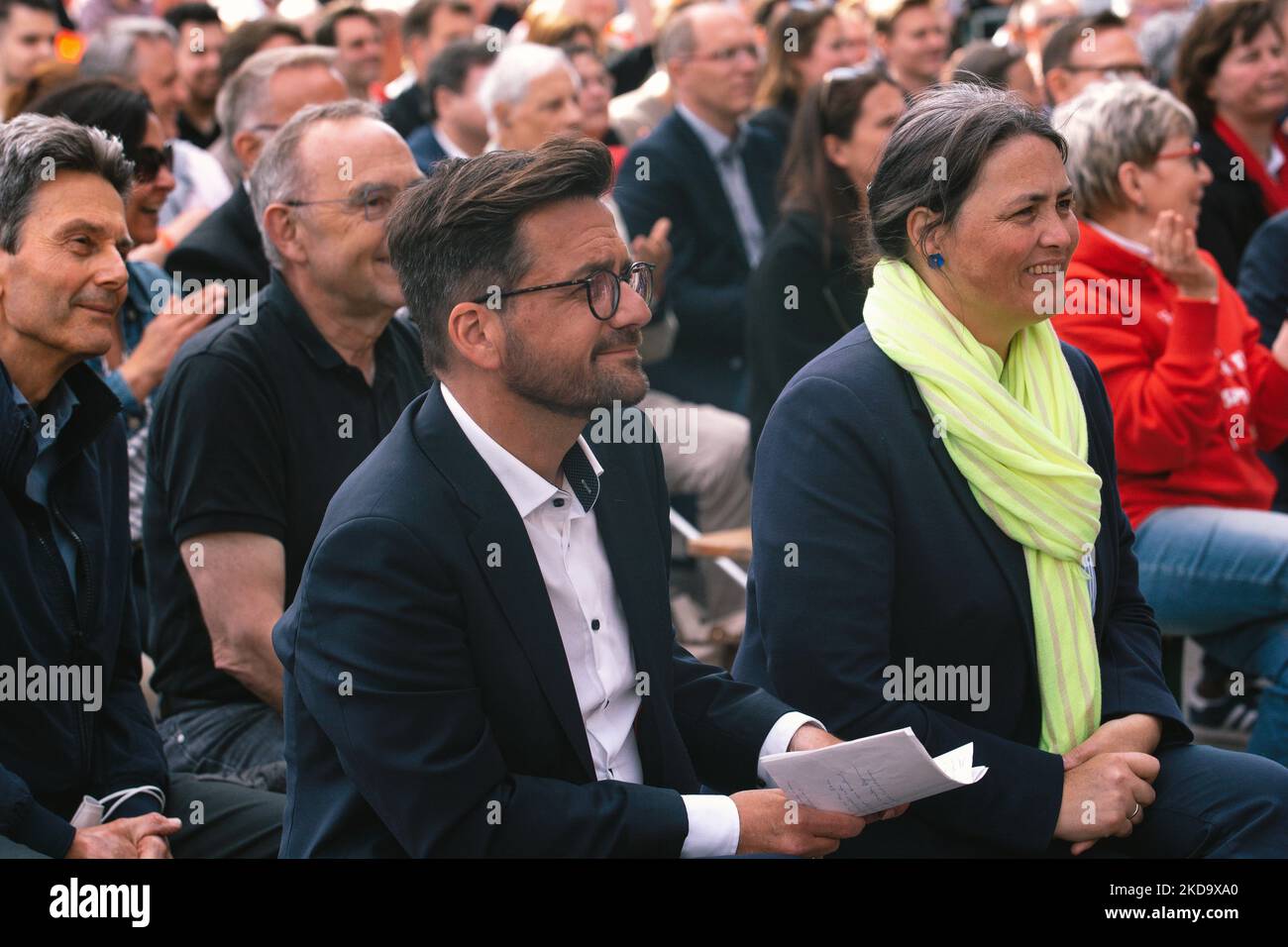 Thomas Kutschaty, the top candidate for SPD party is seen at Roncalliplatz in Cologne, Germany on May 13 during the SPD party state election campaign 2022 (Photo by Ying Tang/NurPhoto) Stock Photo
