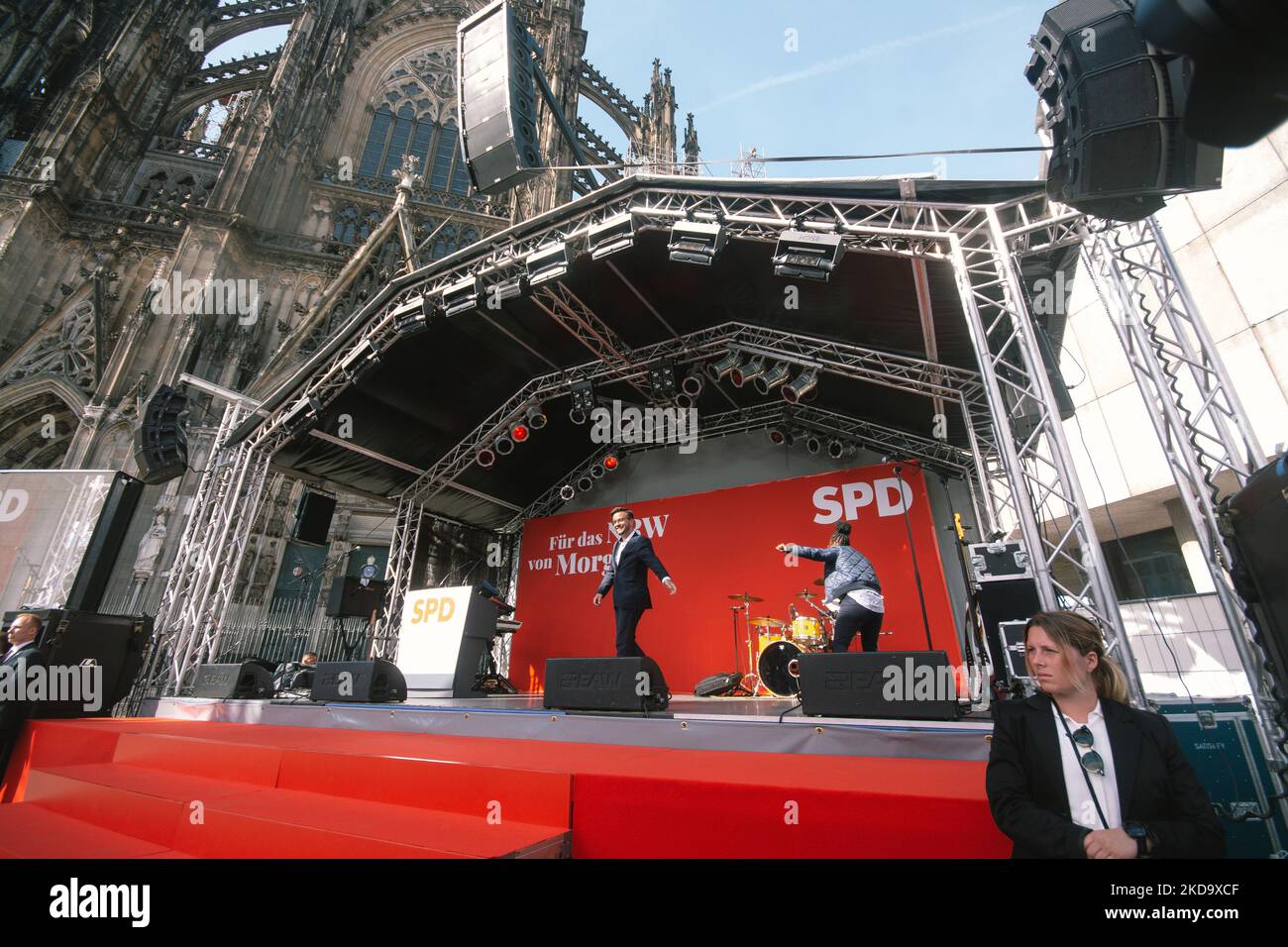 Thomas Kutschaty, the top candidate for SPD party speaks on the stage at Roncalliplatz in Cologne, Germany on May 13 during the SPD party state election campaign 2022 (Photo by Ying Tang/NurPhoto) Stock Photo