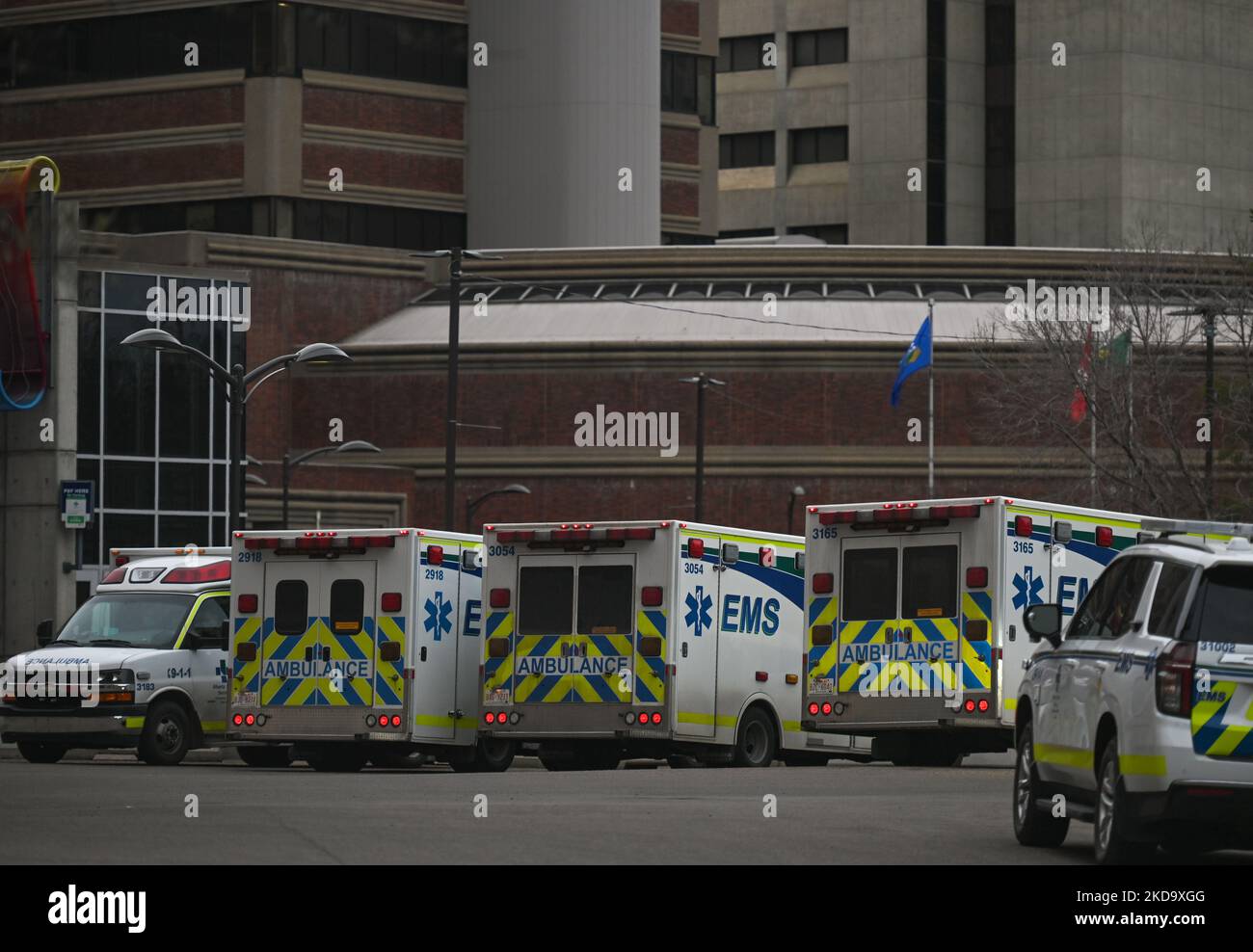 Ambulances seen outside the Emergency Department at Edmonton's Walter C. Mackenzie Health Sciences Centre (WMC). On Friday, May 12, 2022, in Edmonton, Alberta, Canada. (Photo by Artur Widak/NurPhoto) Stock Photo