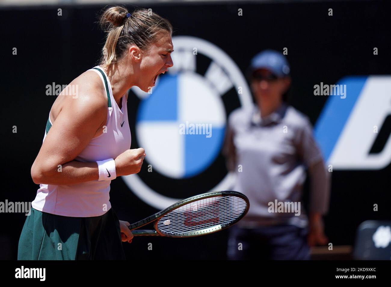 Aryna Sabalenka celebrates during the Internazionali BNL D'Italia 2022 match between Iga Swiatek and Aryna Sabalenka - Day Seven on May 14, 2022 at Foro Italico in Rome, Italy. (Photo by Giuseppe Maffia/NurPhoto) Stock Photo