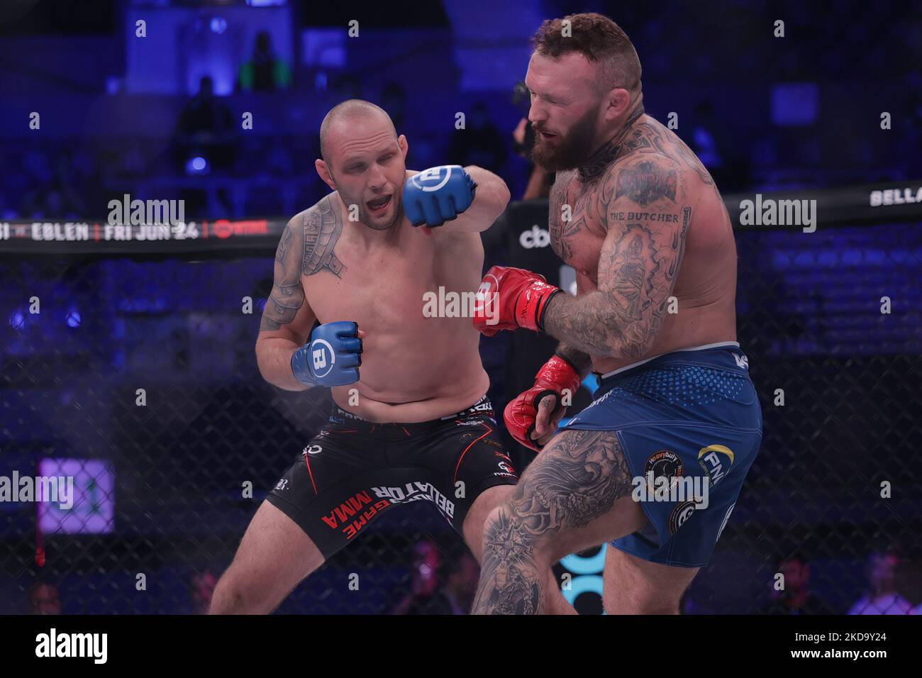 Maciej Rozanski punches Lee Chadwick during the Bellator 281: MVP vs. Storley event at the SSE Arena, Wembley, London on Friday 13th May 2022. (Photo by Pat Scaasi/MI News/NurPhoto) Stock Photo