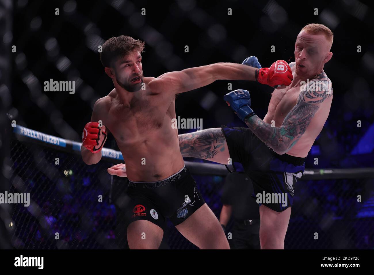 Alfie Davis punches Tim Wilde during the Bellator 281: MVP vs. Storley event at the SSE Arena, Wembley, London on Friday 13th May 2022. (Photo by Pat Scaasi/MI News/NurPhoto) Stock Photo