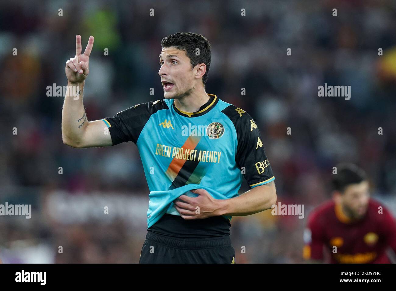 Mattia Caldara of Venezia FC gestures during the Serie A match between AS Roma and Venezia Fc on May 14, 2022 in Rome, Italy. (Photo by Giuseppe Maffia/NurPhoto) Stock Photo