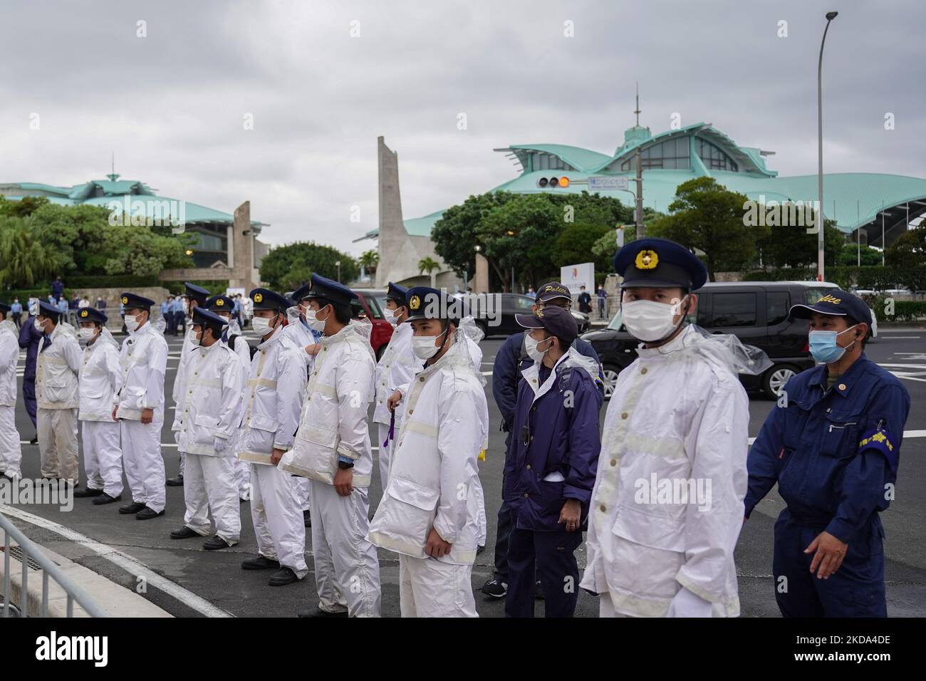 Police officers stands around Okinawa Convention Center as Okinawa Reversion 50th Anniversary Ceremony is held in Ginowan, celebrating Okinawa’s return to Japanese governance in 1972 from postwar US control, on May 15, 2022 in Okinawa, Japan. (Photo by Jinhee Lee/NurPhoto) Stock Photo