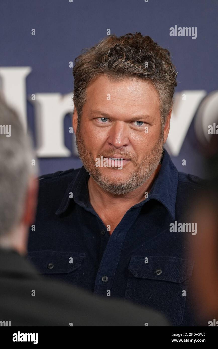 Blake Shelton, from left, Nikki Bella and Carson Daly attend NBCUniversal's  2022 Upfront press junket at the Mandarin Oriental Hotel on Monday, May 16,  2022, in New York. (Photo by Evan Agostini/Invision/AP