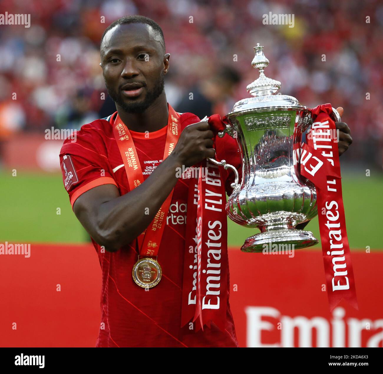 Liverpool's Sadio Mane holds the FA Cup after their sides 6-5 penalty shoot-out after a 0-0 draw in normal time FA Cup Final between Chelsea and Liverpool at Wembley Stadium , London, UK 14th May , 2022 (Photo by Action Foto Sport/NurPhoto) Stock Photo