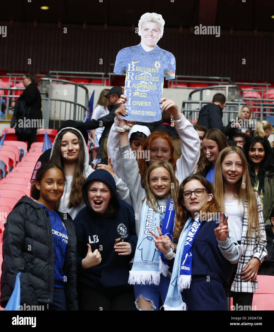 Fans of Chelsea hold up a cardbord cut out of Chelsea Women Millie Bright before Women's FA Cup Final between Chelsea Women and Manchester City Women at Wembley Stadium , London, UK 15th May , 2022 (Photo by Action Foto Sport/NurPhoto) Stock Photo