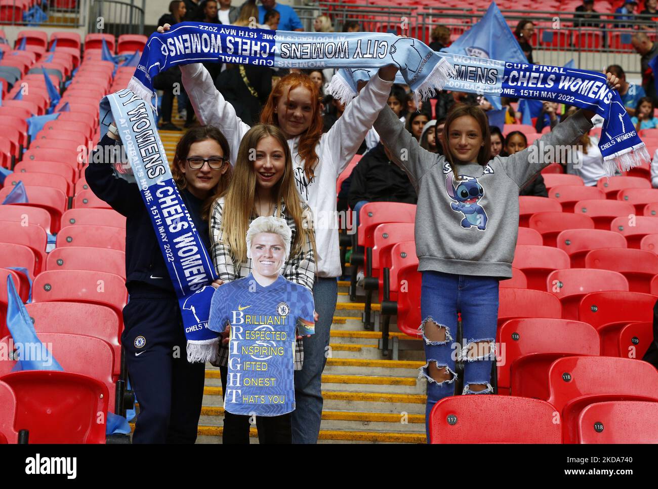Fans of Chelsea hold up a cardbord cut out of Chelsea Women Millie Bright before Women's FA Cup Final between Chelsea Women and Manchester City Women at Wembley Stadium , London, UK 15th May , 2022 (Photo by Action Foto Sport/NurPhoto) Stock Photo
