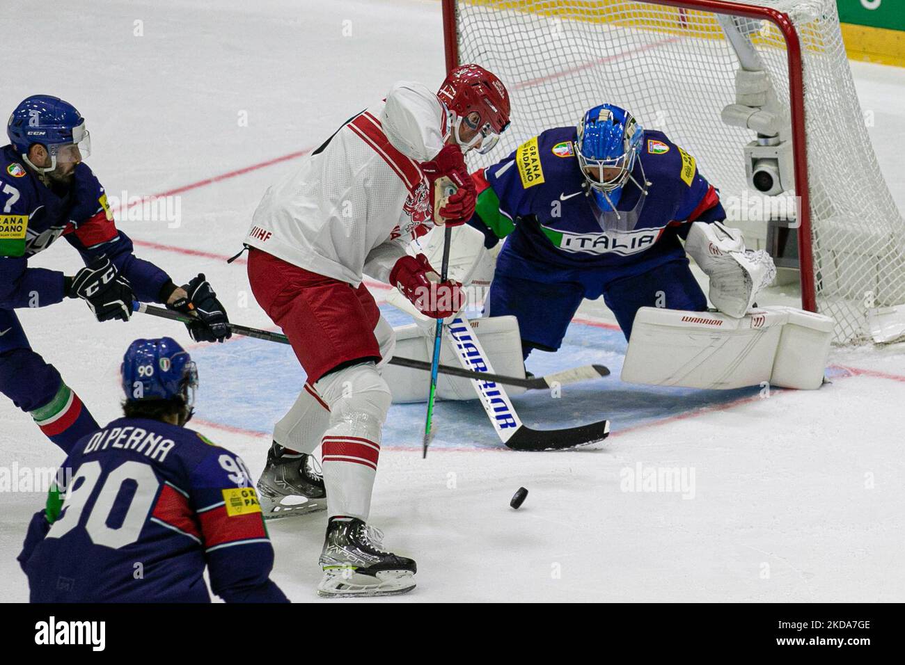 BAU Mathias, (Denmark) PIETRONIRO Phil, BERNARD Andreas, di PERNA Dylan (Italy) during the Ice Hockey World Championship - Italy vs Denmark on May 17, 2022 at the Ice Hall in Helsinki, Finland (Photo by Andrea Re/LiveMedia/NurPhoto) Stock Photo