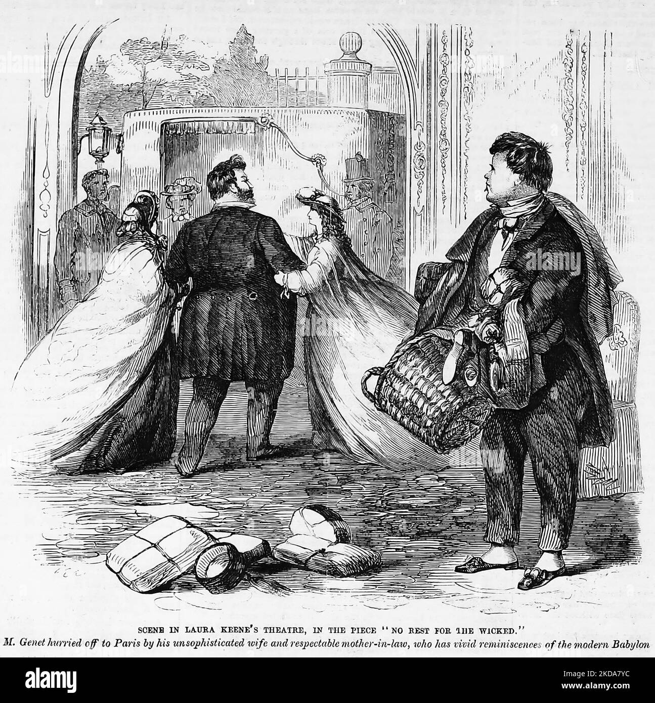 Scene in Laura Keene's Theatre, in the piece 'No Rest for the Wicked.' Broadway, New York City. November 1862. 19th century illustration from Frank Leslie's Illustrated Newspaper Stock Photo
