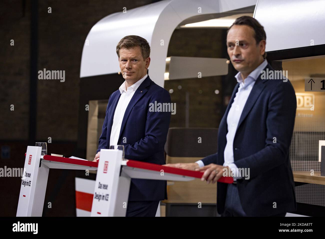 Chairman of the Deutsche Bahn (German Railways) Richard Lutz (L) and Chef of the Long Distance travels Michael Peterson (R) are pictured during the Presentation of the new design of ICE trains in Berlin, Germany on May 18, 2022. (Photo by Emmanuele Contini/NurPhoto) Stock Photo