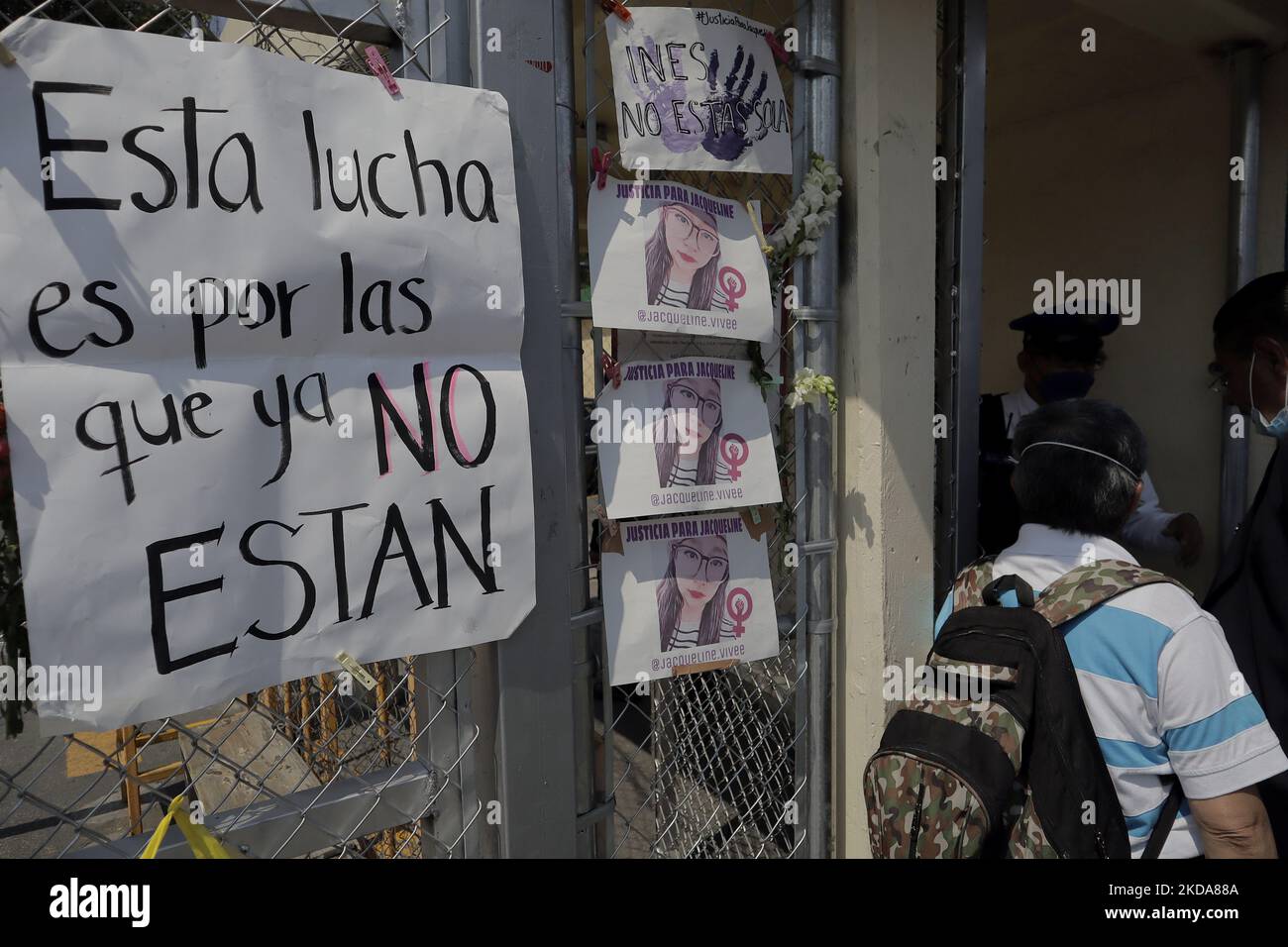 Posters posted outside the Reclusorio Oriente in Iztapalapa, Mexico City, where family and friends of Jacqueline Pérez Herrera, victim of femicide, demanded justice and punishment for the culprit for this event that occurred on July 19, 2021 in San Antonio Tecomitl, Milpa Alta mayor's office . (Photo by Gerardo Vieyra/NurPhoto) Stock Photo