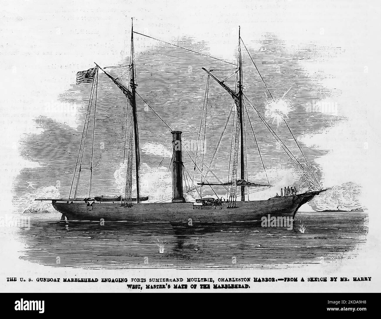 The U. S. gunboat Marblehead engaging Forts Sumter and Moultrie, Charleston Harbor. November 1862. 19th century American Civil War illustration from Frank Leslie's Illustrated Newspaper Stock Photo