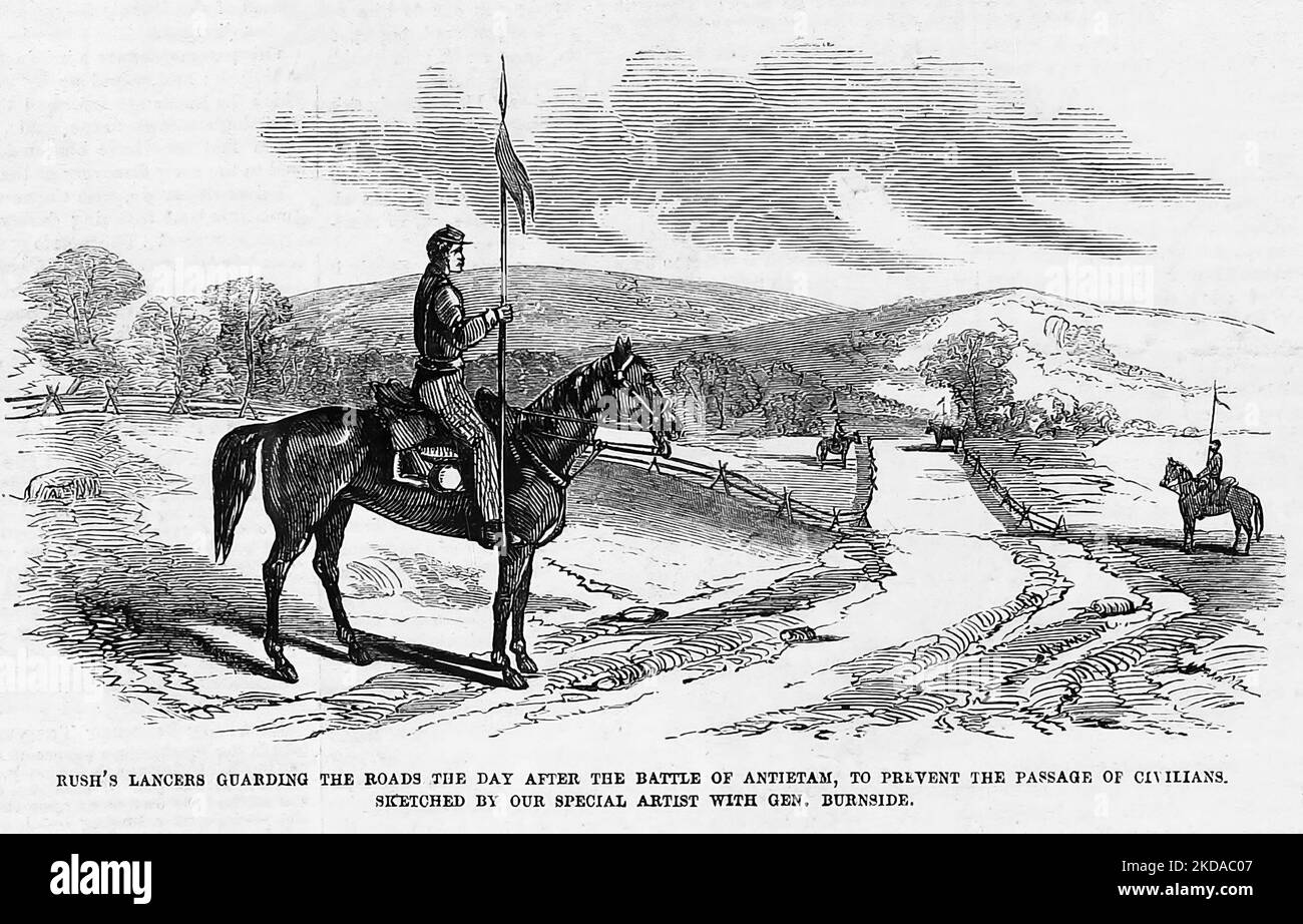 Rush's Lancers guarding the roads the day after the Battle of Antietam, to prevent the passage of civilians. 6th Pennsylvania Cavalry Regiment. September 1862. 19th century American Civil War illustration from Frank Leslie's Illustrated Newspaper Stock Photo
