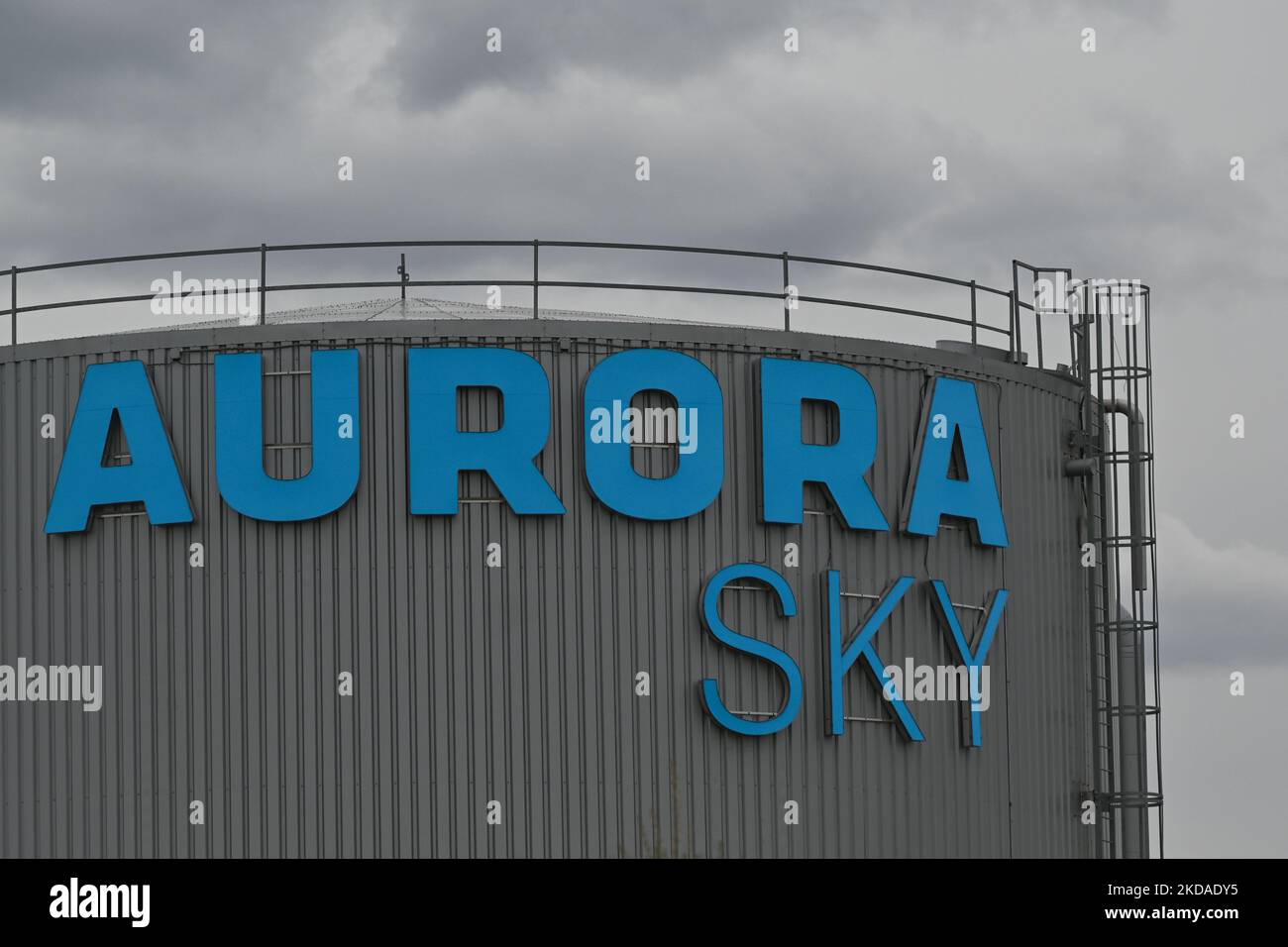 Aurora Sky logo at Aurora Sky facility next to Edmonton International Airport. On Wednesday, May 18, 2022, in Edmonton, Alberta, Canada. (Photo by Artur Widak/NurPhoto) Stock Photo