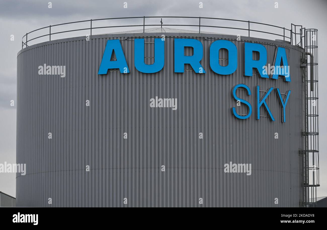 Aurora Sky logo at Aurora Sky facility next to Edmonton International Airport. On Wednesday, May 18, 2022, in Edmonton, Alberta, Canada. (Photo by Artur Widak/NurPhoto) Stock Photo