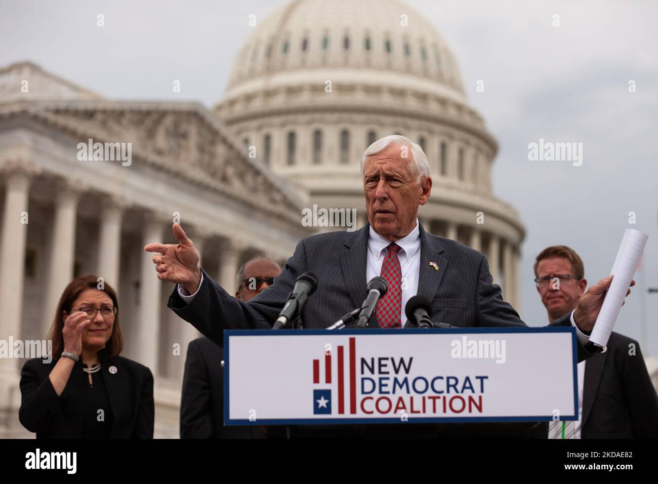 House Majority Leader Steny Hoyer (D-MD) speaks during a press conference marking the 25th anniversary of the New Democrat Coalition. The 98 members of the New Democrats are centrists and pro-business. (Photo by Allison Bailey/NurPhoto) Stock Photo