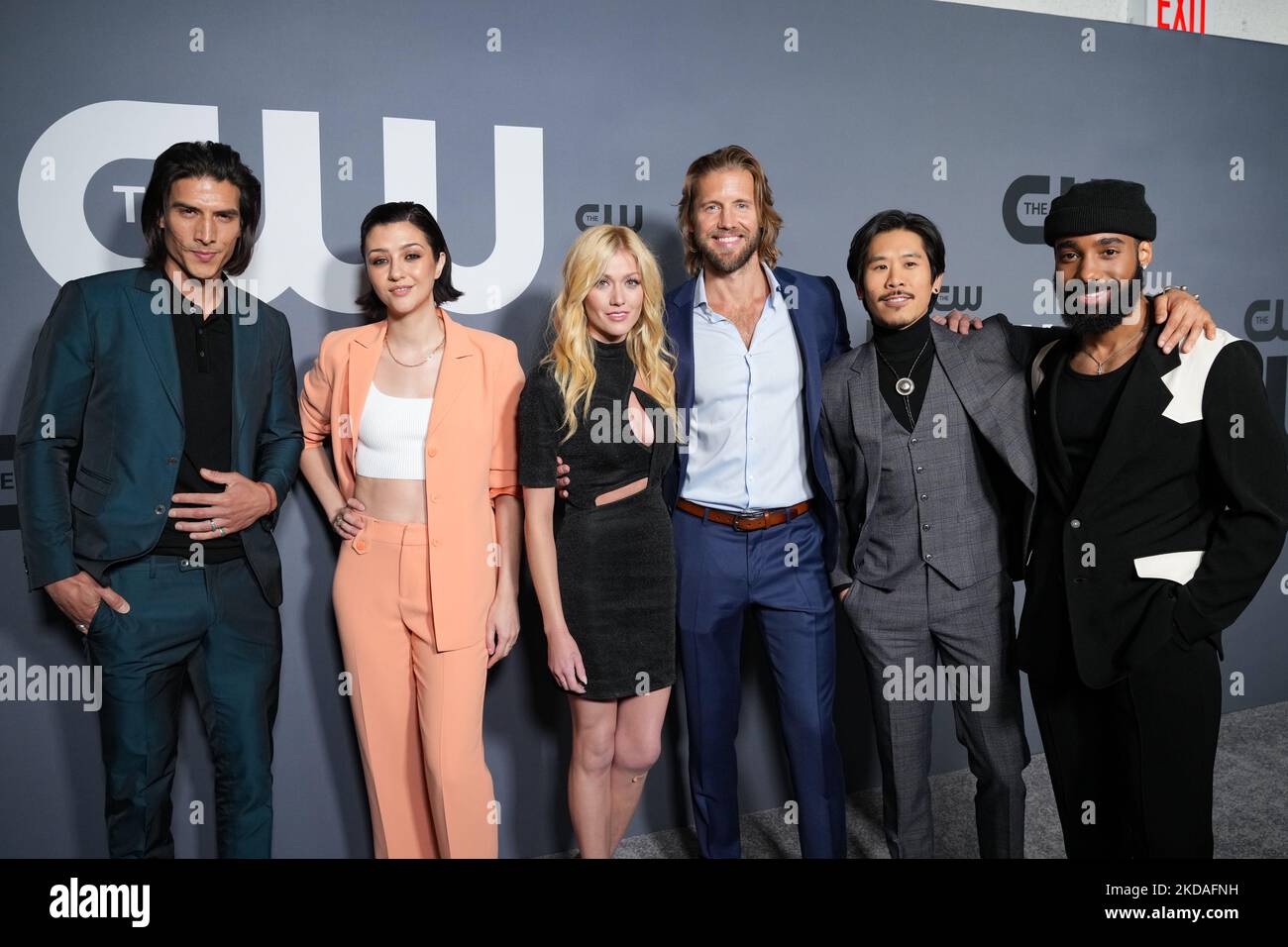 (L-R) Justin Johnson Cortez, Katie Findlay, Katherine McNamara, Matt Barr, Lawrence Kao and Philemon Chambers attends The CW Network's 2022 Upfront Arrivals at New York City Center on May 19, 2022 in New York City. (Photo by John Nacion/NurPhoto) Stock Photo