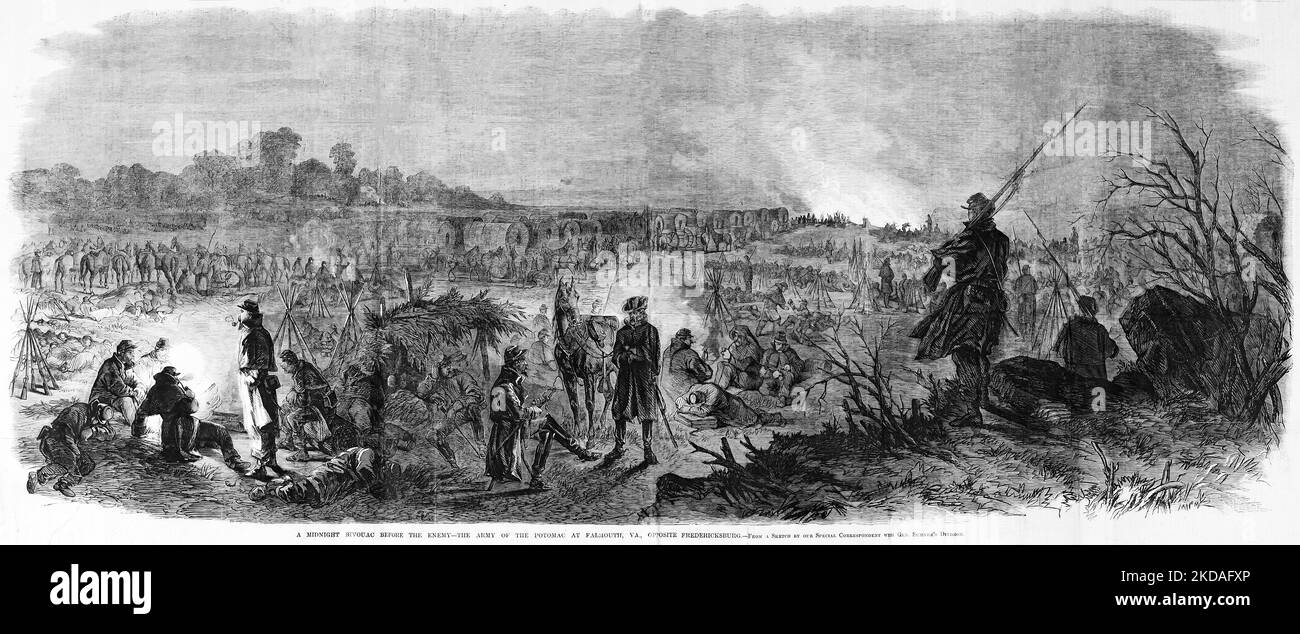 A midnight bivouac before the enemy - The Army of the Potomac at Falmouth, Virginia, opposite Fredericksburg. November 1862. 19th century American Civil War illustration from Frank Leslie's Illustrated Newspaper Stock Photo