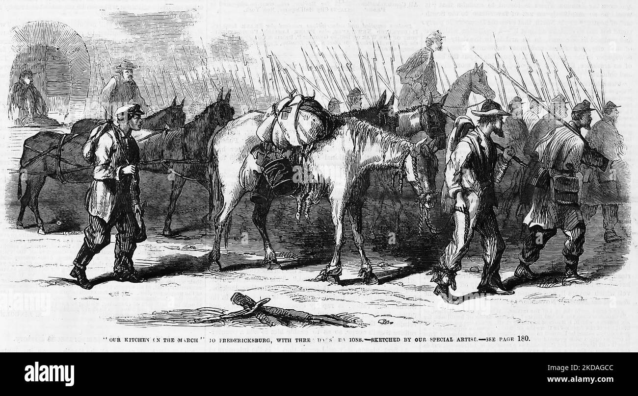 'Our kitchen on the march' to Fredericksburg, Virginia, with three days' rations. December 1862. 19th century American Civil War illustration from Frank Leslie's Illustrated Newspaper Stock Photo