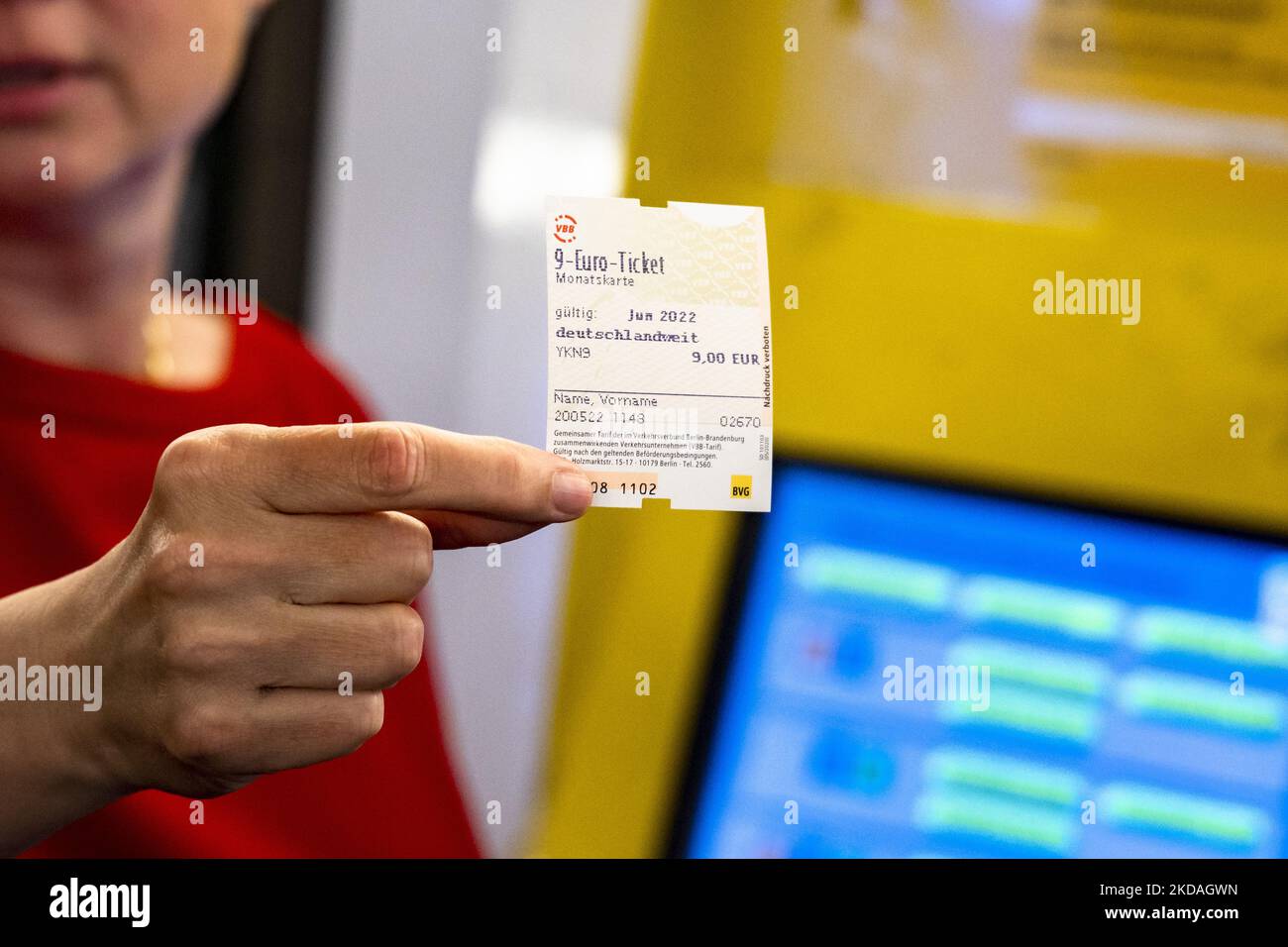 Chairmowan of Berlin's Public Tranport Company (BVG) Eva Kreienkamp presents the 9 Euro ticket for public transport in Berlin, Germany on May 20, 2022. (Photo by Emmanuele Contini/NurPhoto) Stock Photo