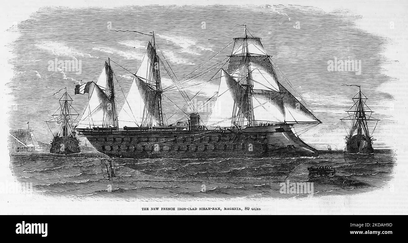 The new French ironclad steam ram, Magenta, 80 guns. December 1862. 19th century illustration from Frank Leslie's Illustrated Newspaper Stock Photo