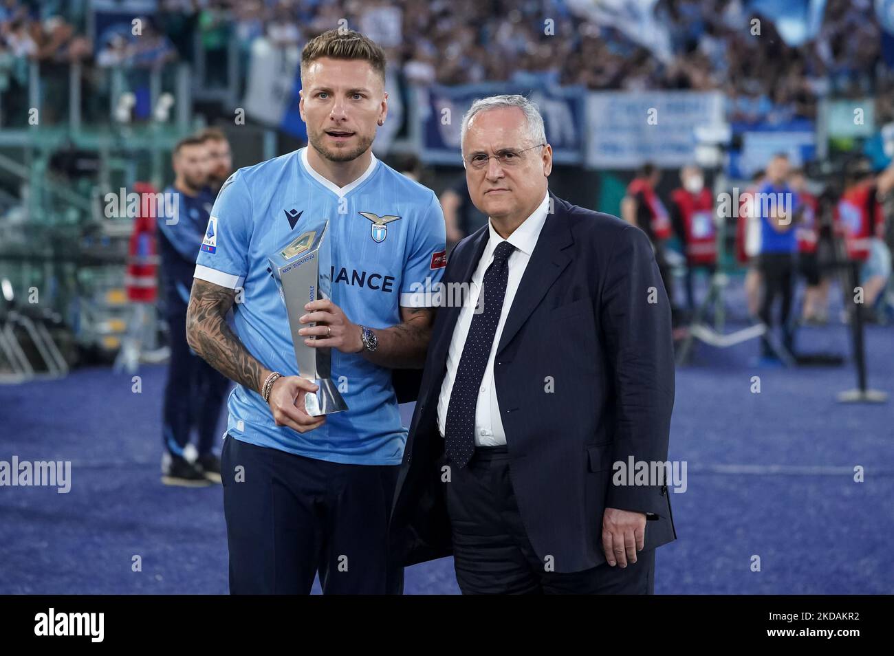 Ciro Immobile of SS Lazio poses with Claudio Lotito receiving the Lega Serie A MVP trophy during the Serie A match between SS Lazio and Hellas Verona on May 21, 2022 in Rome, Italy. (Photo by Giuseppe Maffia/NurPhoto) Stock Photo